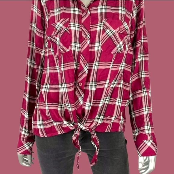 NWOT Torrid Plus Size New Burgundy Plaid Twill Tie Front Midi Shirt. - Picture 3 of 10
